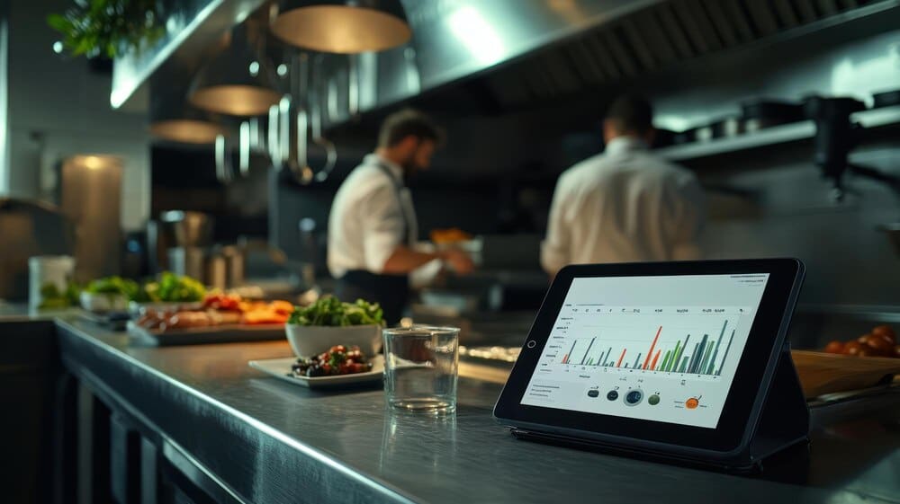 Chefs in a modern kitchen collaborate around a tablet displaying data, with fresh ingredients arranged on the countertop.