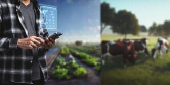 A farmer uses technology to monitor the growth of trees in a modern smart farm.