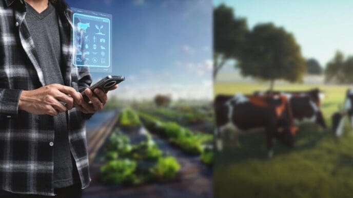 A farmer uses technology to monitor the growth of trees in a modern smart farm.