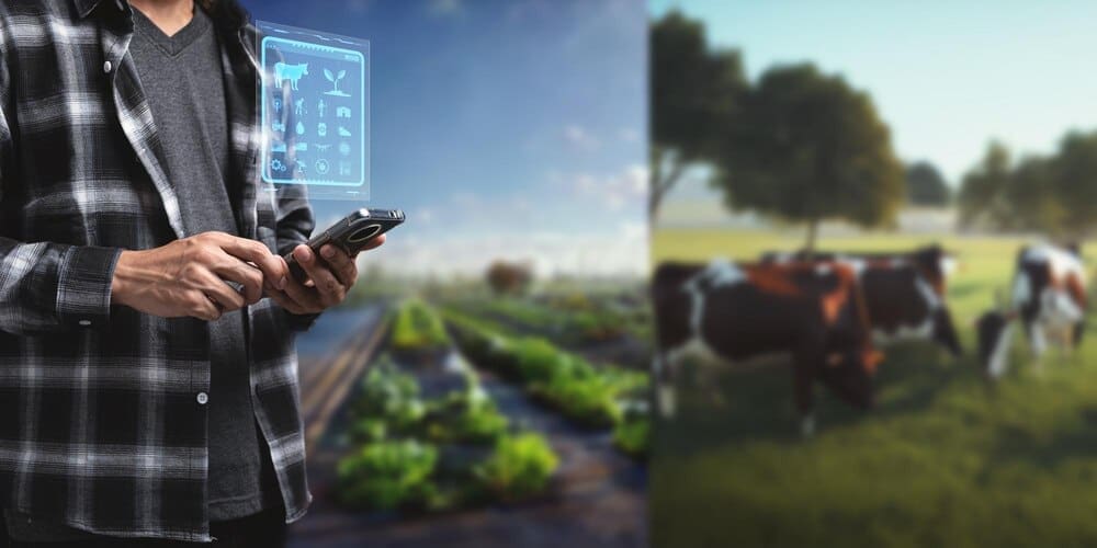 A farmer uses technology to monitor the growth of trees in a modern smart farm.