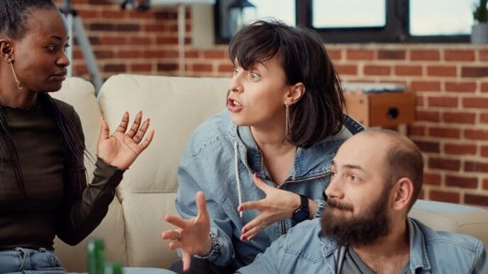 A diverse group of people laughs and shares drinks and snacks while socializing in a casual home setting.