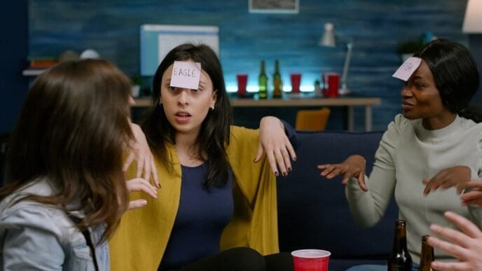 Multiracial friends play a game of "Guess Who" with sticky notes on their foreheads.