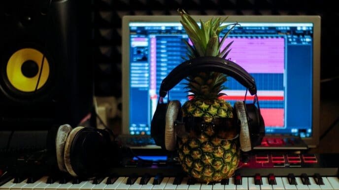 A pineapple wearing headphones appears to be producing music.