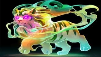 A tiger with glowing stripes is surrounded by swirling, bright energy.