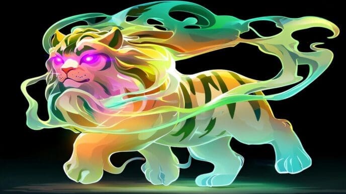 A tiger with glowing stripes is surrounded by swirling, bright energy.