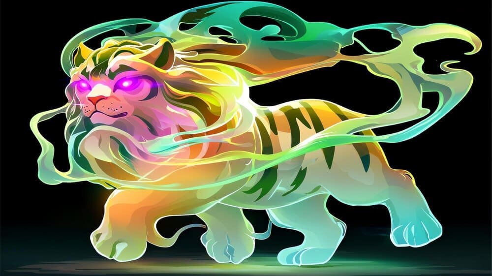 A tiger with glowing stripes is surrounded by swirling, bright energy.