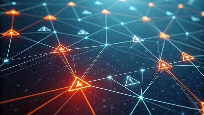 A network diagram shows interconnected nodes with glowing orange and blue elements.