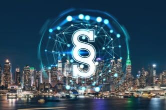 Nighttime view of the New York City skyline from New Jersey, with glowing digital legal icons superimposed.