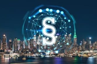 Nighttime view of the New York City skyline from New Jersey, with glowing digital legal icons superimposed.