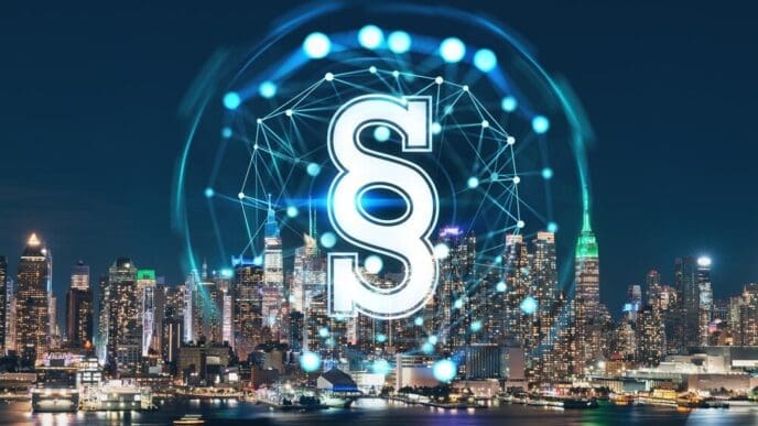 Nighttime view of the New York City skyline from New Jersey, with glowing digital legal icons superimposed.