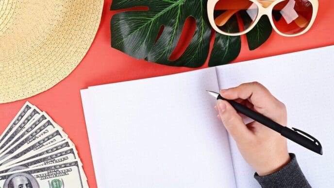 Notebook on a coral background, suggesting preparation for a summer vacation.