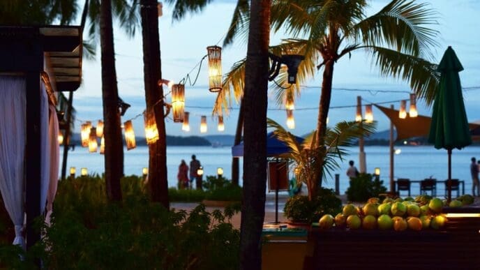 Palm trees silhouetted against a vibrant, dusky sky.