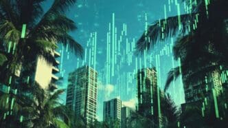 Digital overlay of palm trees and skyscrapers.