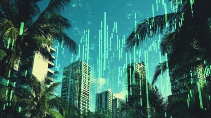 Digital overlay of palm trees and skyscrapers.