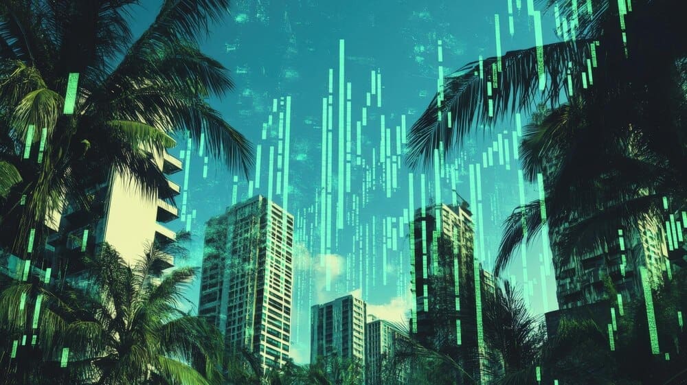 Digital overlay of palm trees and skyscrapers.