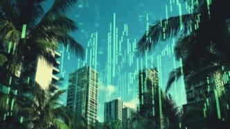 Palm trees and skyscrapers are overlaid with a digital graphic.