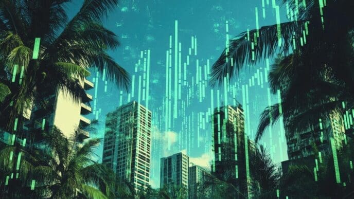 Palm trees and skyscrapers are overlaid with a digital graphic.