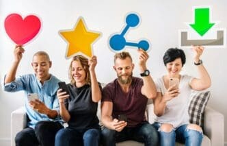 People holding social media icons.