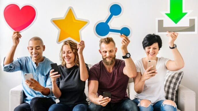 People holding social media icons.