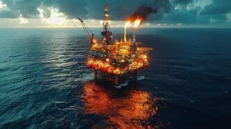 A large offshore oil platform extracts petroleum and natural gas from the ocean.