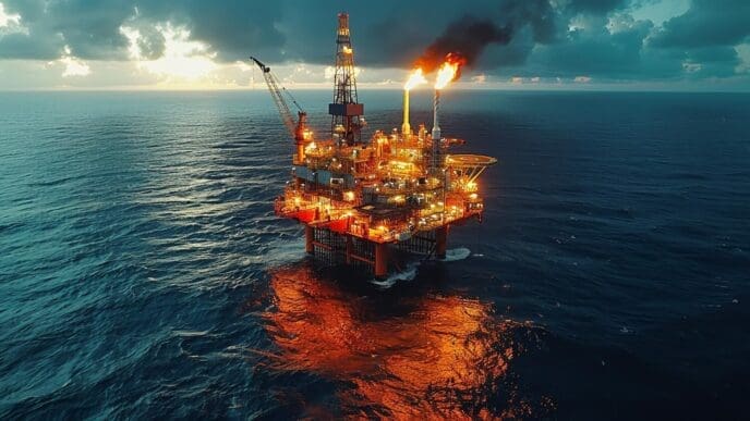 A large offshore oil platform extracts petroleum and natural gas from the ocean.