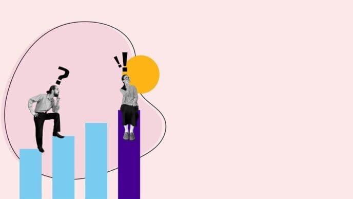 A pink-colored graphic depicts a business concept, possibly representing ideas or growth.