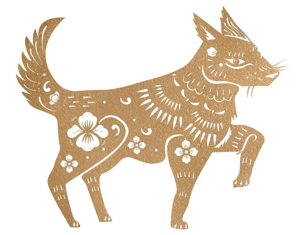 Illustration of a golden dog, representing the Chinese zodiac sign, in a celebratory style.