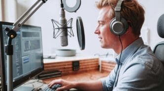 A person wearing headphones speaks into a microphone during a podcast recording session.