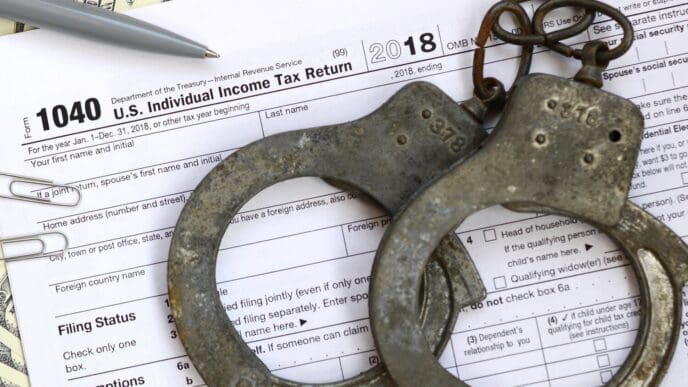 Police handcuffs rest on top of a tax form 1040.