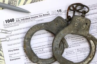 Police handcuffs rest on a completed IRS 1040 tax form.