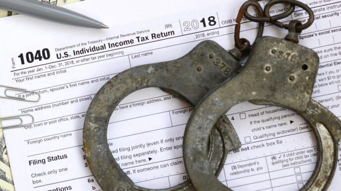 Police handcuffs rest on a completed IRS 1040 tax form.