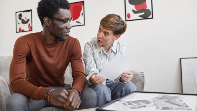 An African-American man and a female art gallery manager discuss paintings while planning an exhibition in a museum.