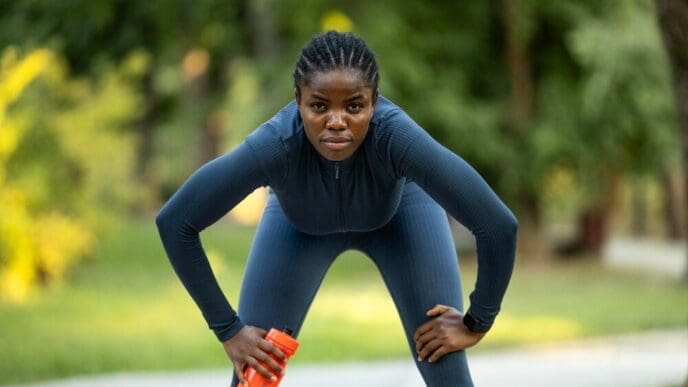 A Black woman in athletic wear stands in a ready position, poised for a run.