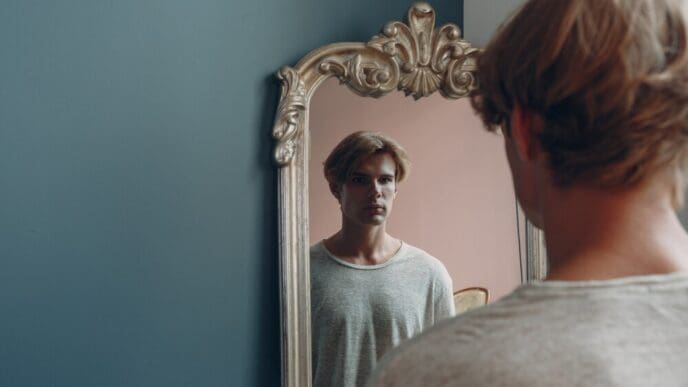 Portrait of a young European man looking at a mirror in an indoor studio setting.
