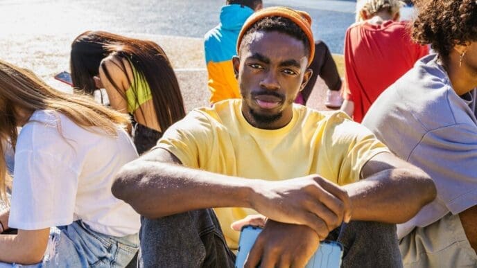 Close-up of a group of friends with hands clasped together.