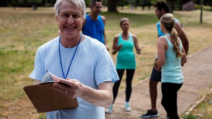 A man smiles while holding a clipboard.
