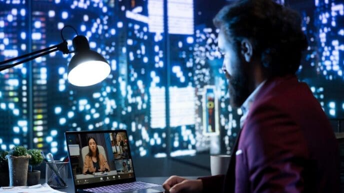 A person wearing a suit and tie speaks to a group of people on a computer screen during a video conference.