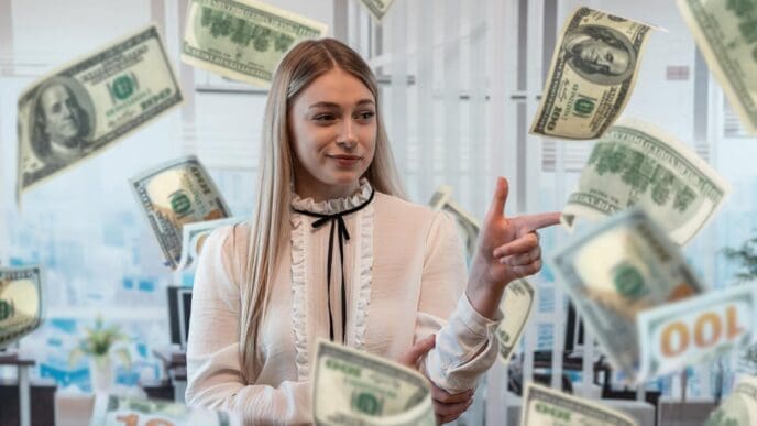 A smiling Caucasian woman celebrates with dollar bills floating around her.