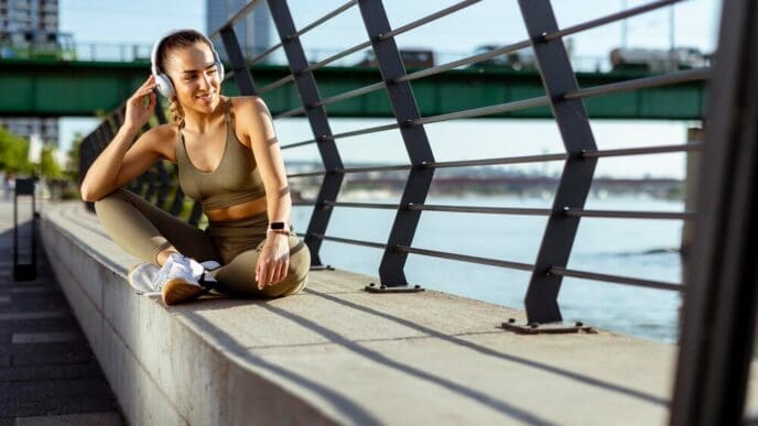 A young woman with earphones takes a break after running in an urban area.