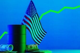 Black oil barrel and upward-trending graph representing the changing price of American oil.