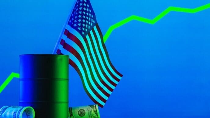 Black oil barrel and upward-trending graph representing the changing price of American oil.