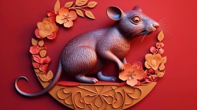 A red circle contains the Chinese zodiac animal rat.