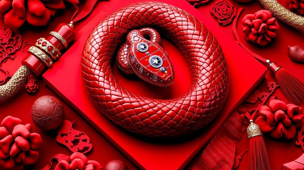 A red snake slithers among red flowers and other red items against a red background.