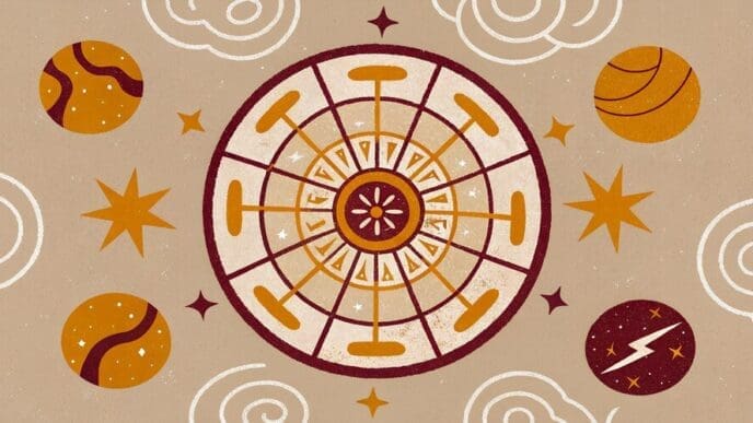 A retro-style celestial wheel featuring cosmic elements and stars in earthy tones.