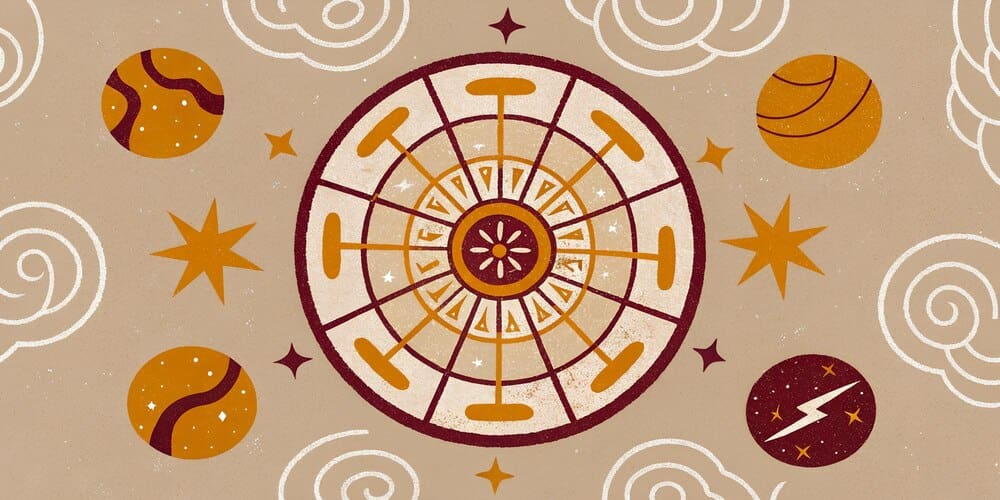 A retro-style celestial wheel featuring cosmic elements and stars in earthy tones.