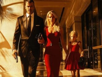 A diverse family smiles while enjoying a luxurious outdoor setting, representing a wealthy lifestyle.