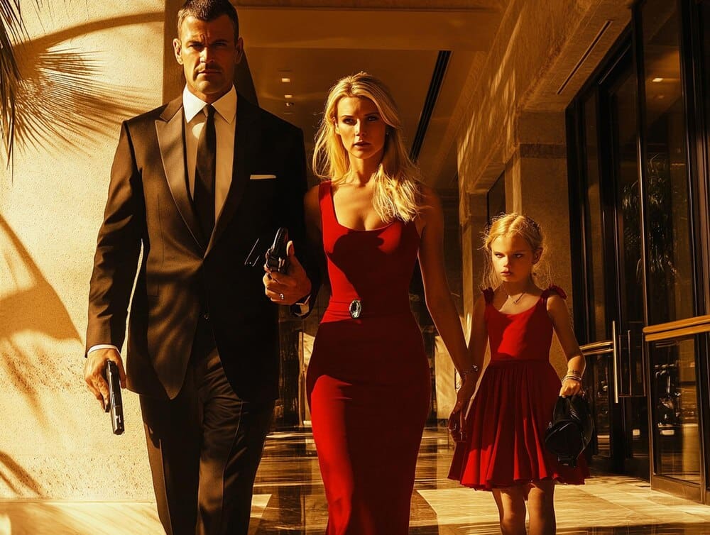 A diverse family smiles while enjoying a luxurious outdoor setting, representing a wealthy lifestyle.