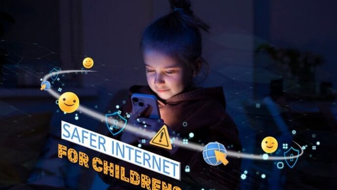 Collage featuring images and text related to internet safety for children.
