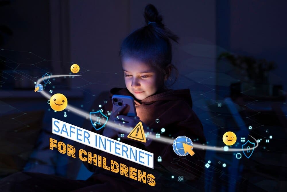 Collage featuring images and text related to internet safety for children.
