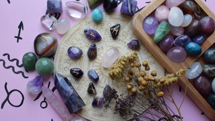 Amethyst runes and dried herbs are arranged on a pink surface.
